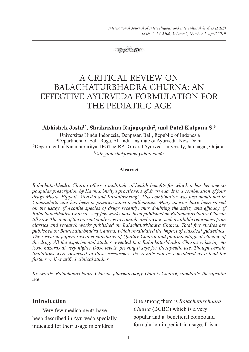 A Critical Review on Balachaturbhadra Churna: an Effective Ayurveda Formulation for the Pediatric Age