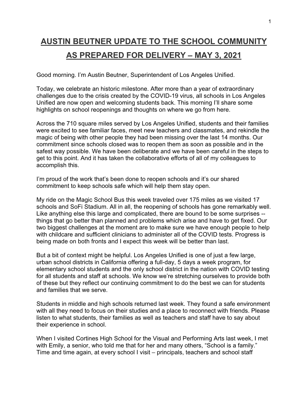 Austin Beutner Update to the School Community As Prepared for Delivery – May 3, 2021