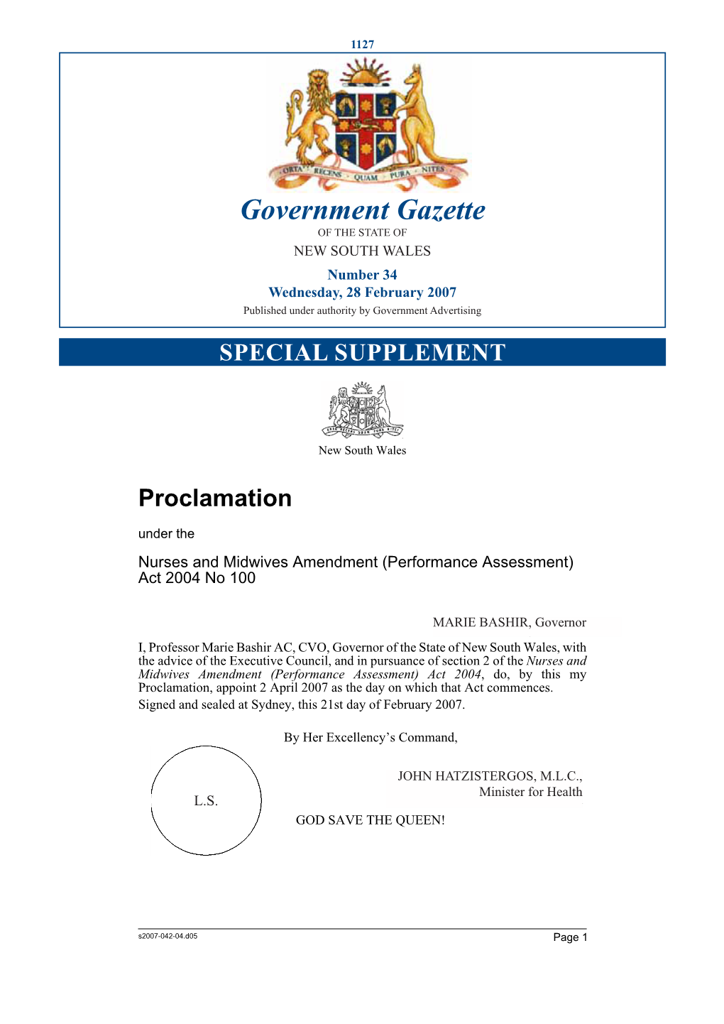 Government Gazette of the STATE of NEW SOUTH WALES Number 34 Wednesday, 28 February 2007 Published Under Authority by Government Advertising