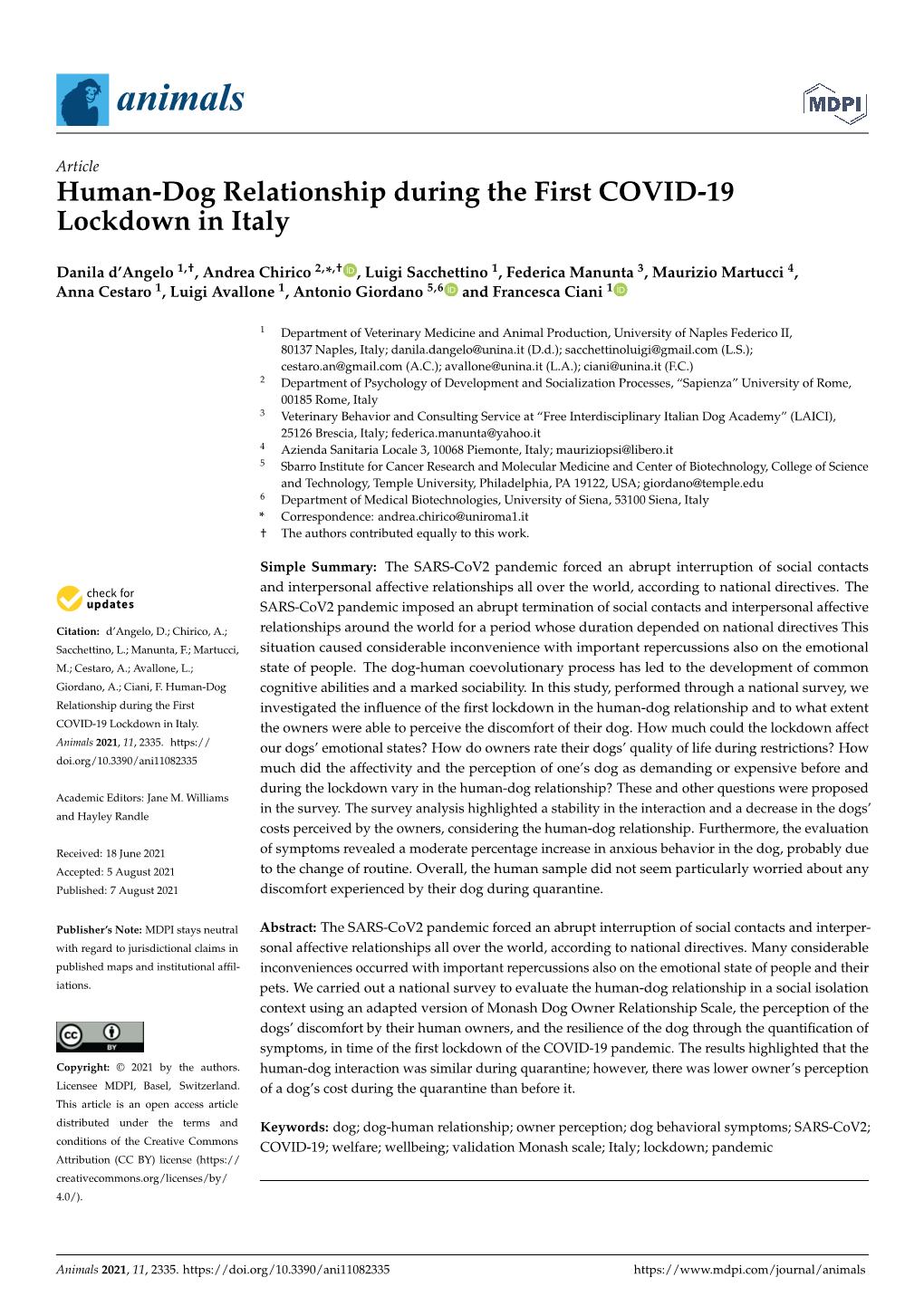 Human-Dog Relationship During the First COVID-19 Lockdown in Italy