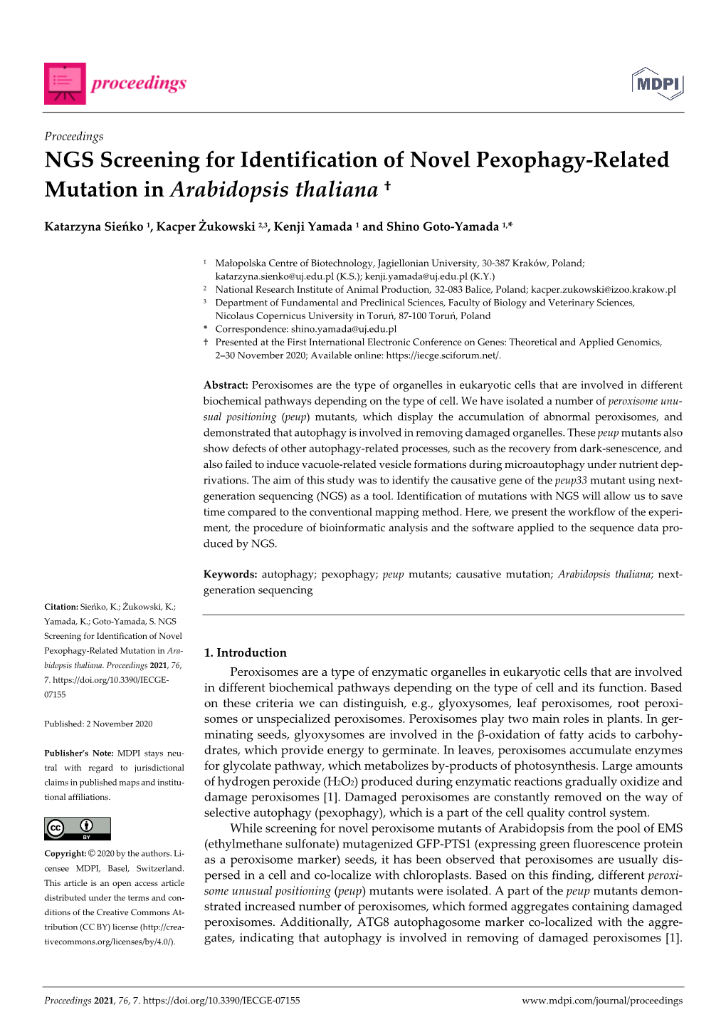 NGS Screening for Identification of Novel Pexophagy-Related Mutation in Arabidopsis Thaliana †