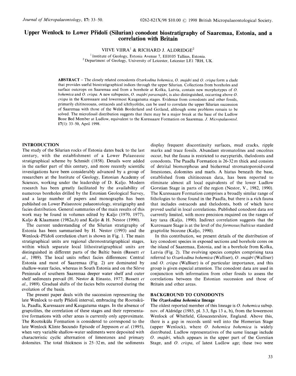 (Silurian) Conodont Biostratigraphy of Saaremaa, Estonia, and a Correlation with Britain