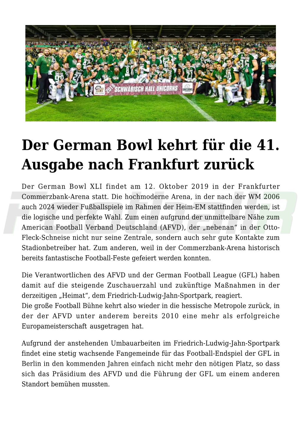 Der German Bowl Kehrt Für Die 41. Ausgabe Nach Frankfurt Zurück