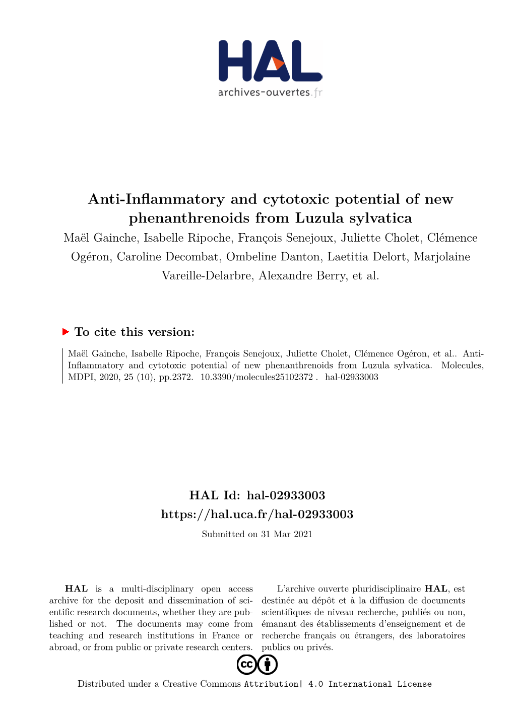 Anti-Inflammatory and Cytotoxic Potential of New Phenanthrenoids