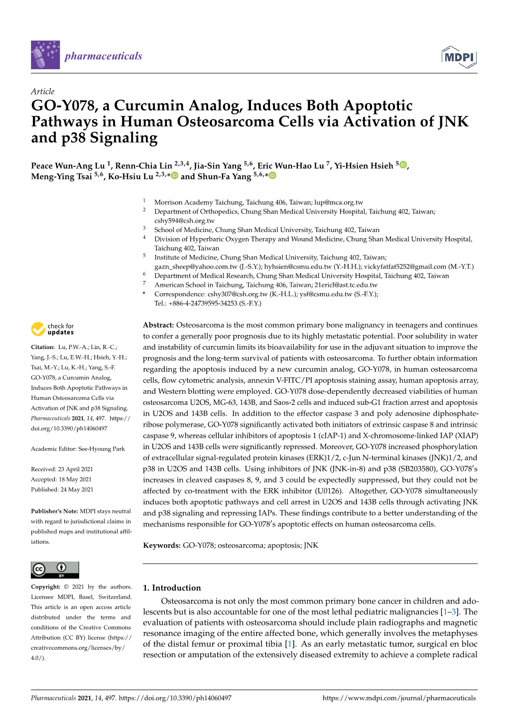 GO-Y078, a Curcumin Analog, Induces Both Apoptotic Pathways in Human Osteosarcoma Cells Via Activation of JNK and P38 Signaling