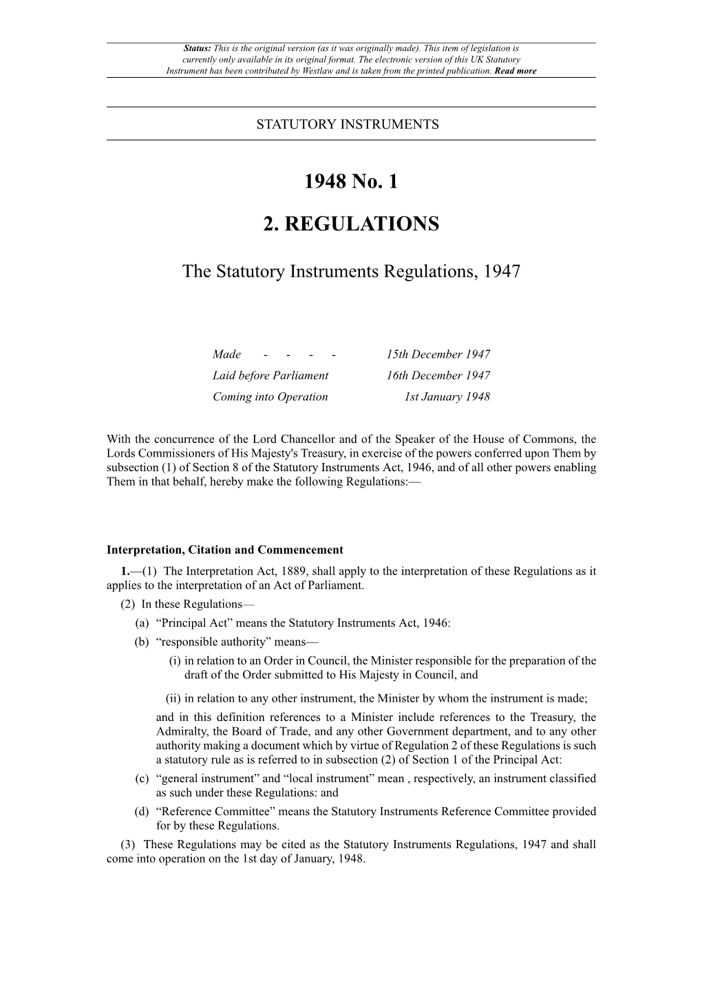 The Statutory Instruments Regulations 1947