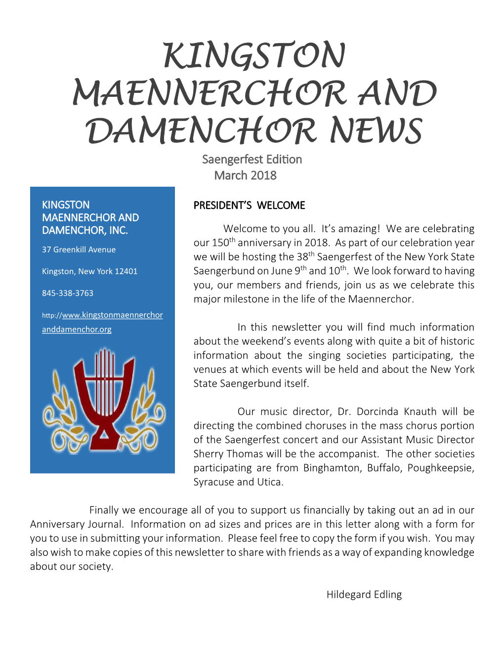 KINGSTON MAENNERCHOR and DAMENCHOR NEWS Saengerfest Edition March 2018