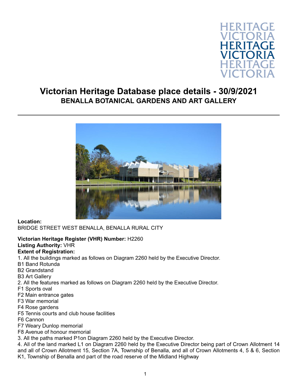 Victorian Heritage Database Place Details - 30/9/2021 BENALLA BOTANICAL GARDENS and ART GALLERY