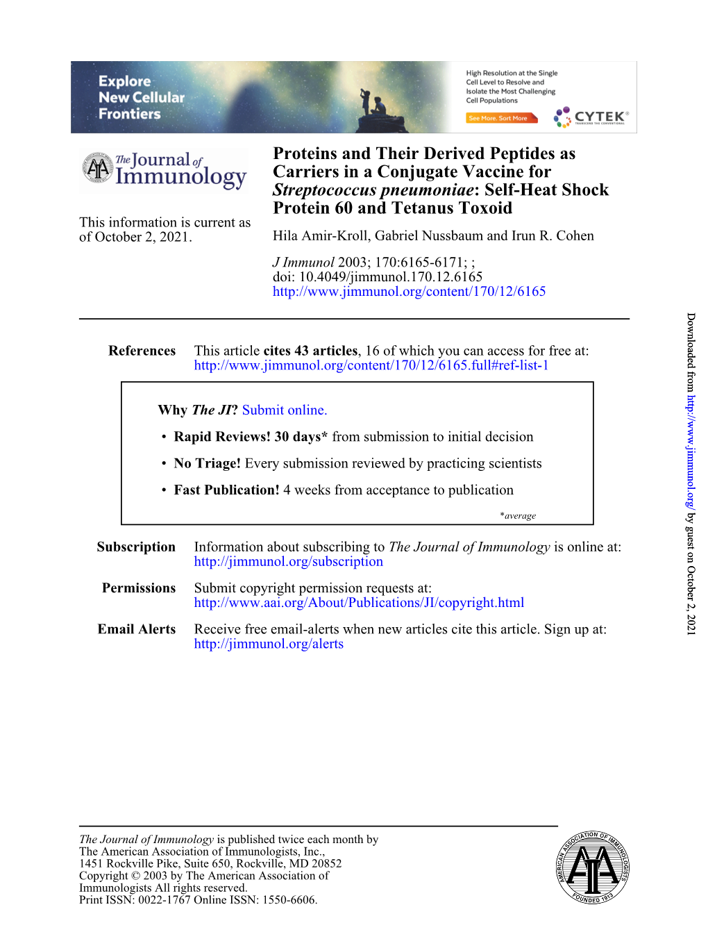 Protein 60 and Tetanus Toxoid This Information Is Current As of October 2, 2021