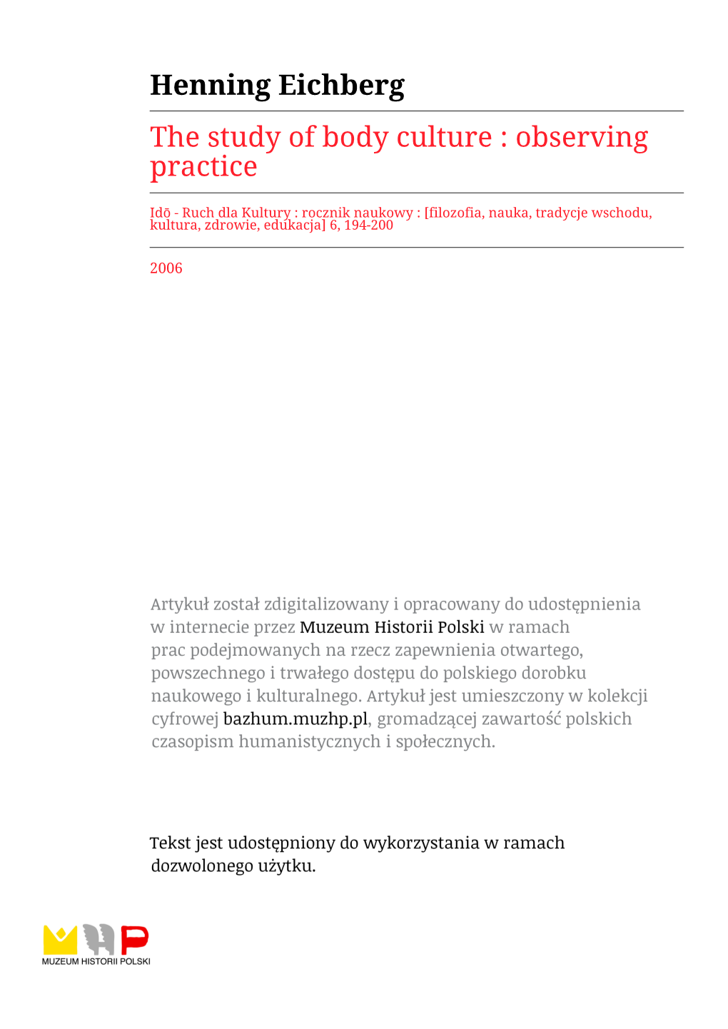 Henning Eichberg the Study of Body Culture : Observing Practice