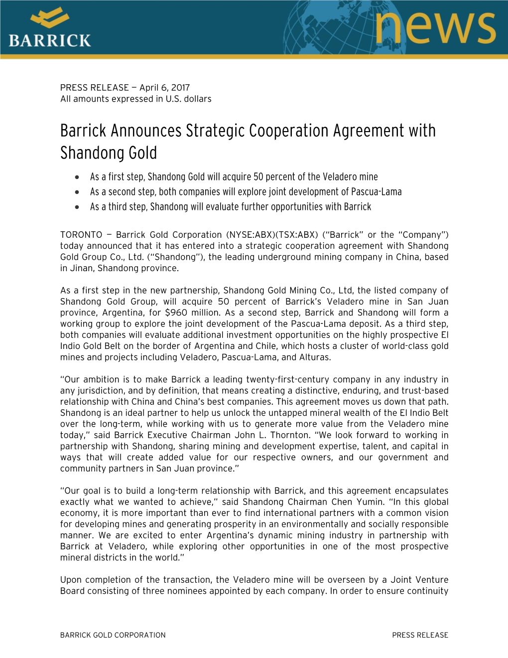 Barrick Announces Strategic Cooperation Agreement with Shandong Gold
