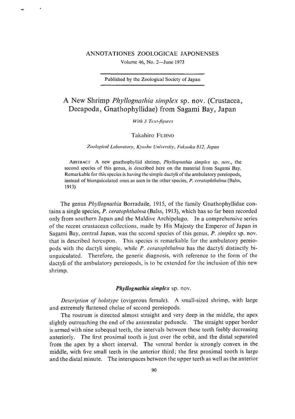 A New Shrimp Phyllognathia Simplex Sp. No V. (Crustacea, Decapoda, Gnathophyllidae) from Sagami Bay, Japan with 3 Text-Figures