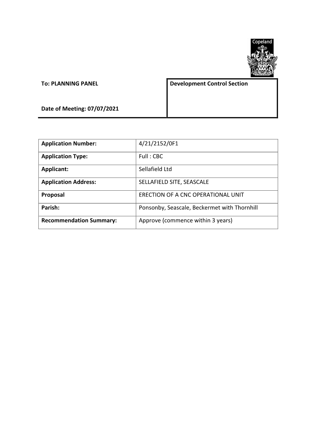 PLANNING PANEL Date of Meeting: 07/07/2021 Development Control