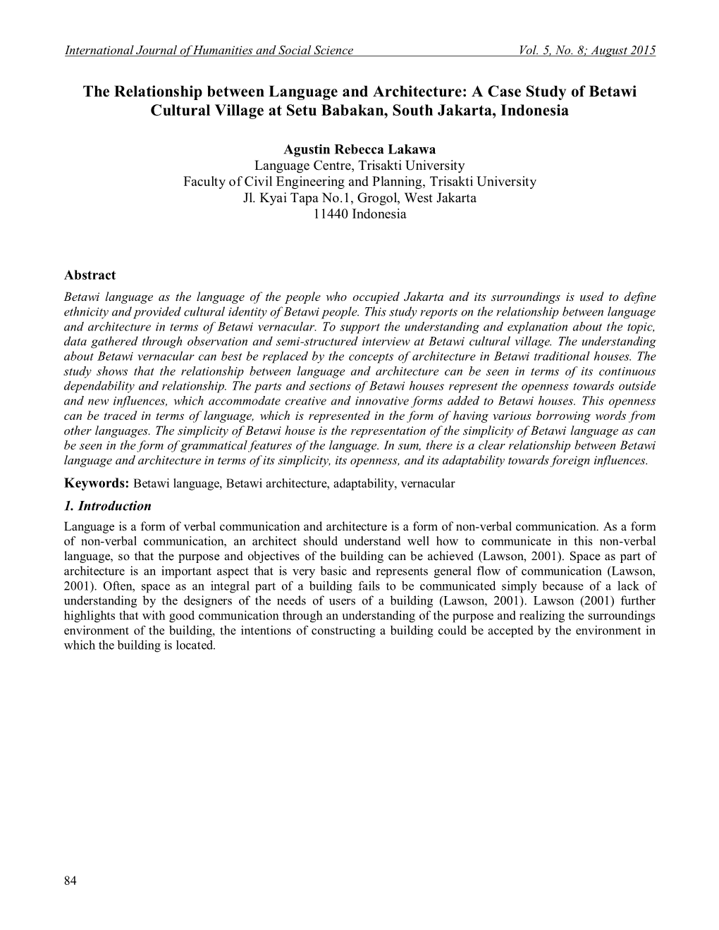 The Relationship Between Language and Architecture: a Case Study of Betawi Cultural Village at Setu Babakan, South Jakarta, Indonesia