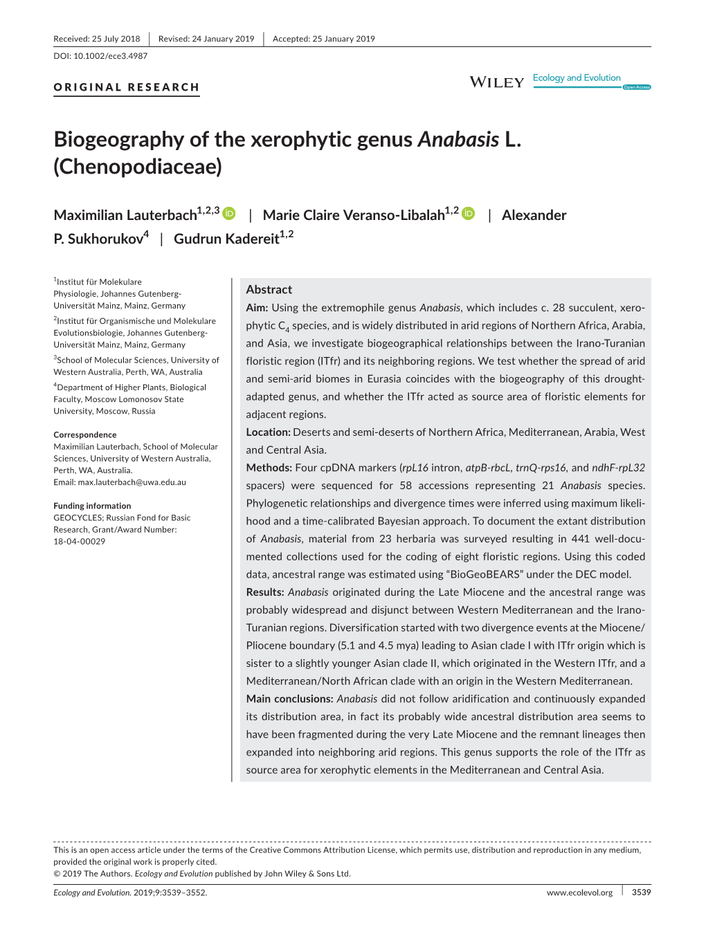 Biogeography of the Xerophytic Genus Anabasis L. (Chenopodiaceae)