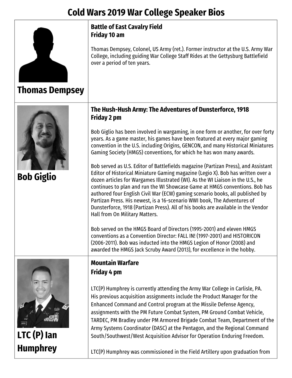 Cold Wars 2019 War College Speaker Bios Thomas Dempsey Bob Giglio LTC (P) Ian Humphrey