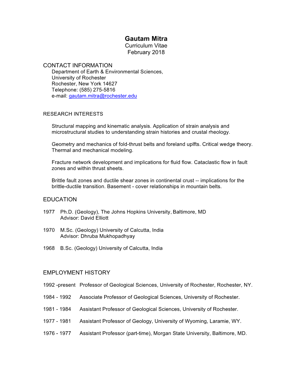 Gautam Mitra Curriculum Vitae February 2018