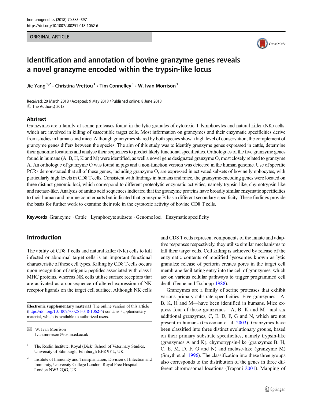 Identification and Annotation of Bovine Granzyme Genes Reveals a Novel Granzyme Encoded Within the Trypsin-Like Locus