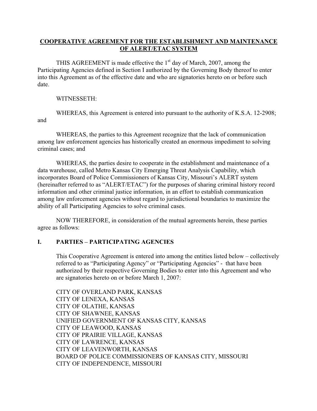 Cooperative Agreement for the Establishment and Maintenance of Alert/Etac System