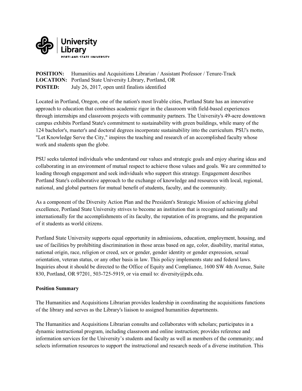 Humanities and Acquisitions Librarian / Assistant Professor / Tenure-Track