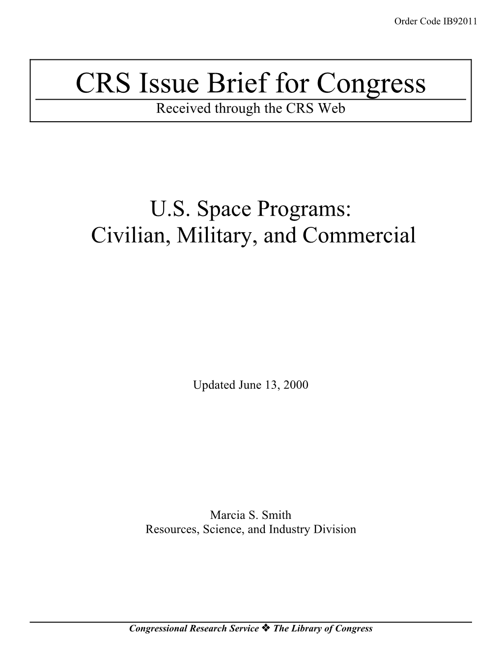 CRS Issue Brief for Congress Received Through the CRS Web