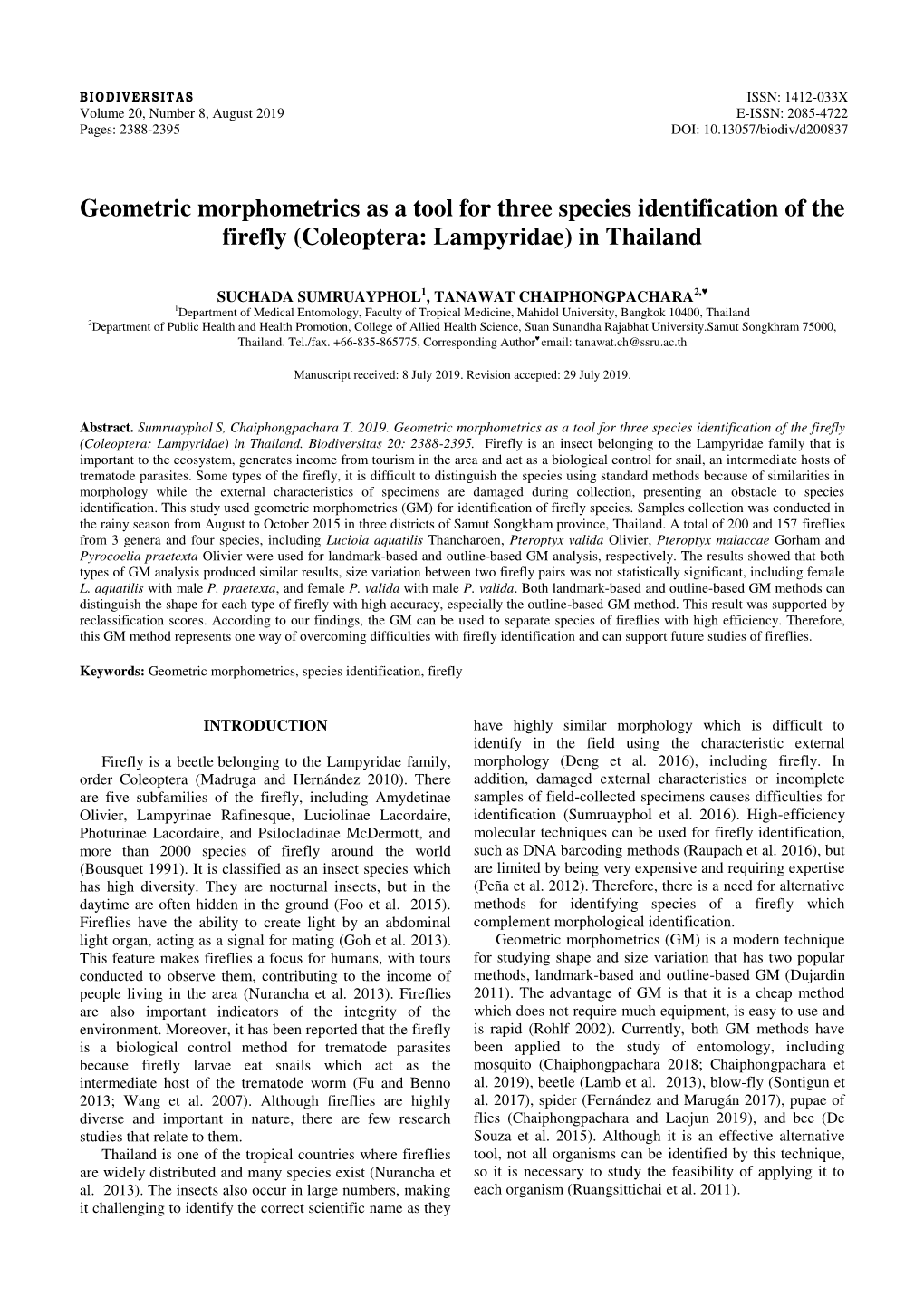 Geometric Morphometrics As a Tool for Three Species Identification of the Firefly (Coleoptera: Lampyridae) in Thailand