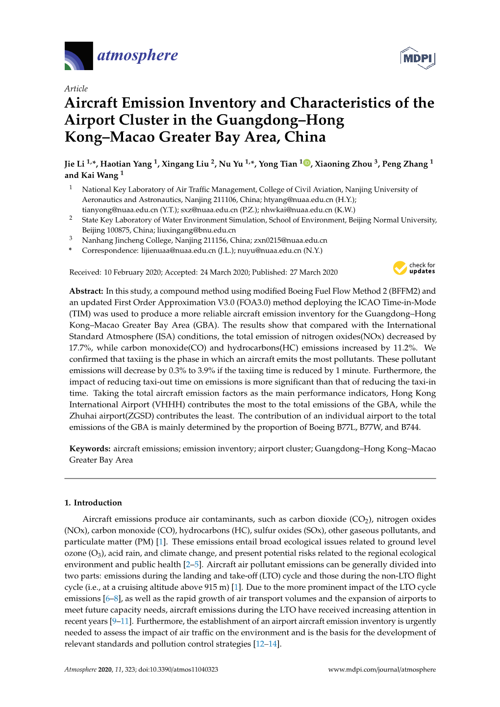Aircraft Emission Inventory and Characteristics of the Airport Cluster in the Guangdong–Hong Kong–Macao Greater Bay Area, China