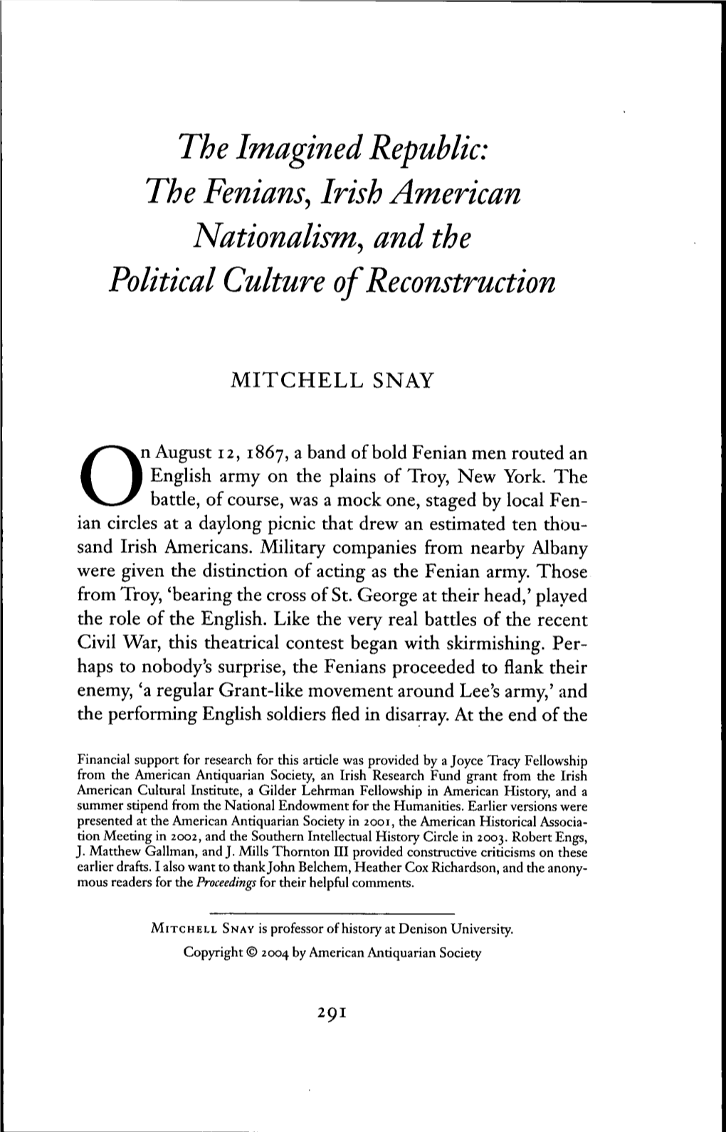 The Imagined Republic: the Fenians, Irish American Nationalism, and the Political Culture of Reconstruction