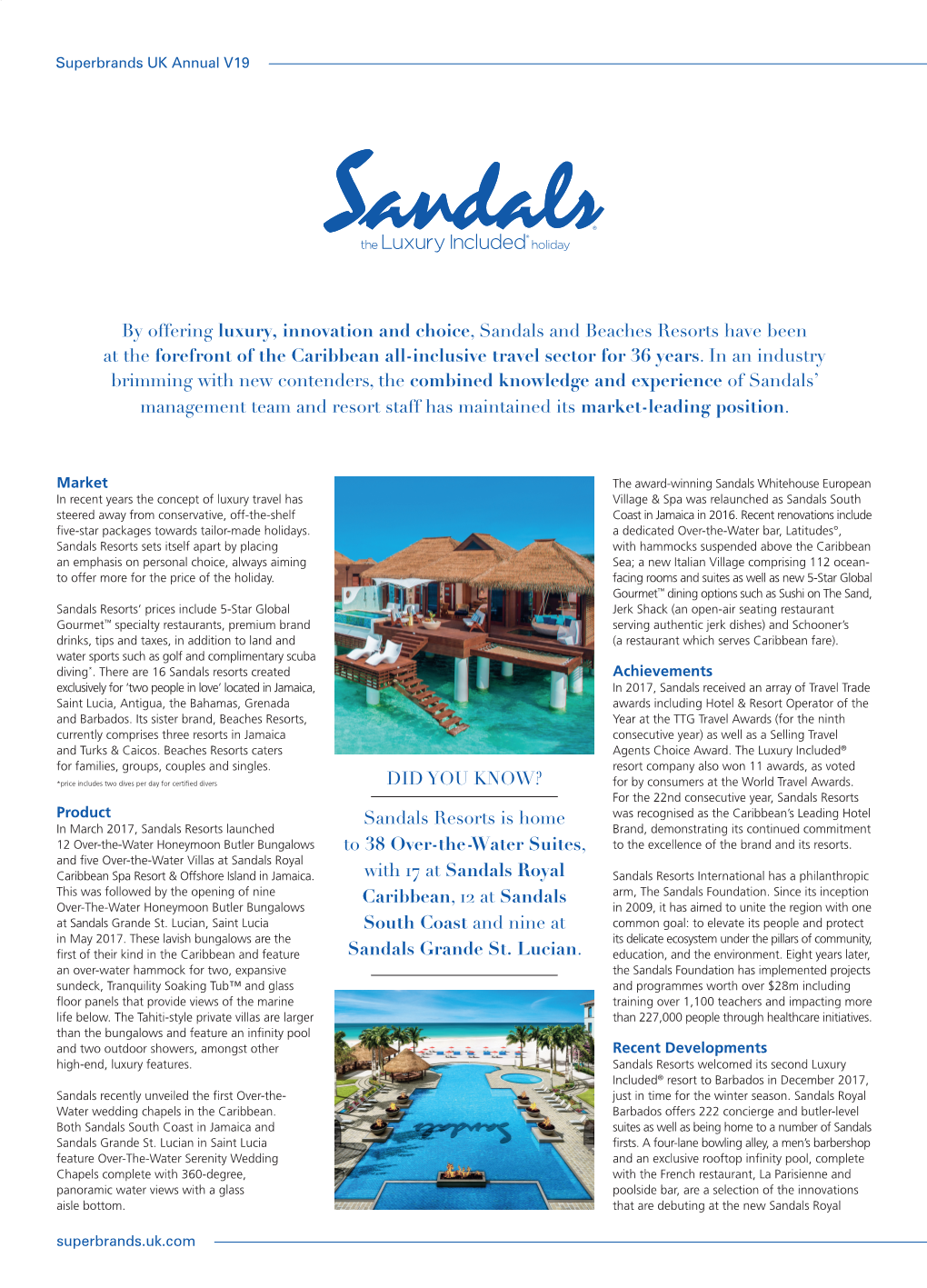 By Offering Luxury, Innovation and Choice, Sandals and Beaches Resorts Have Been at the Forefront of the Caribbean All-Inclusive Travel Sector for 36 Years
