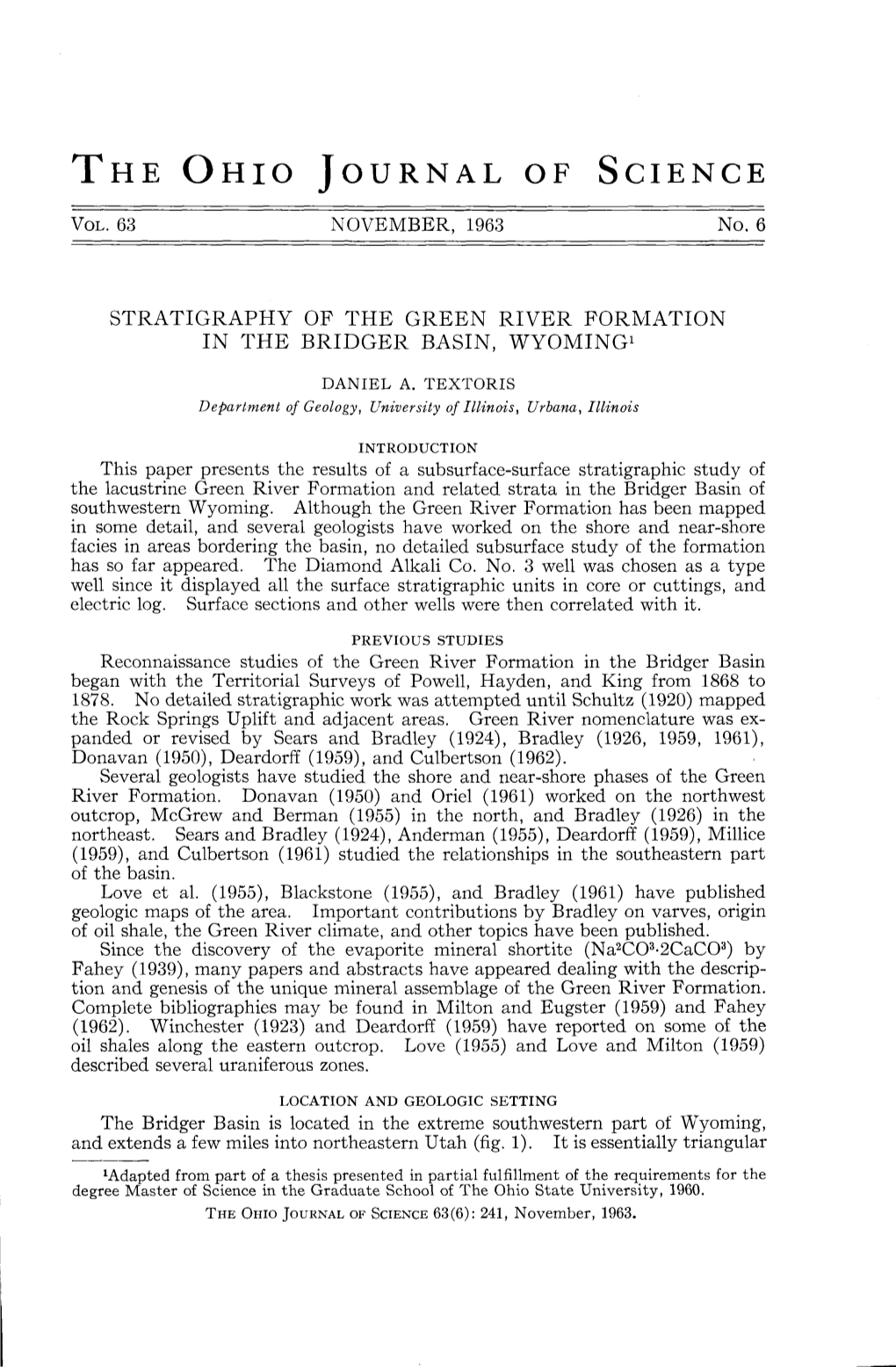 Stratigraphy of the Green River Formation in the Bridger Basin, Wyoming1