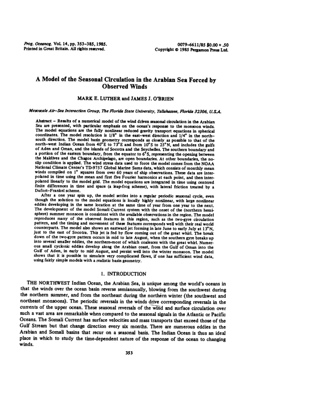 A Model of the Seasonal Circulation in the Arabian Sea Forced By