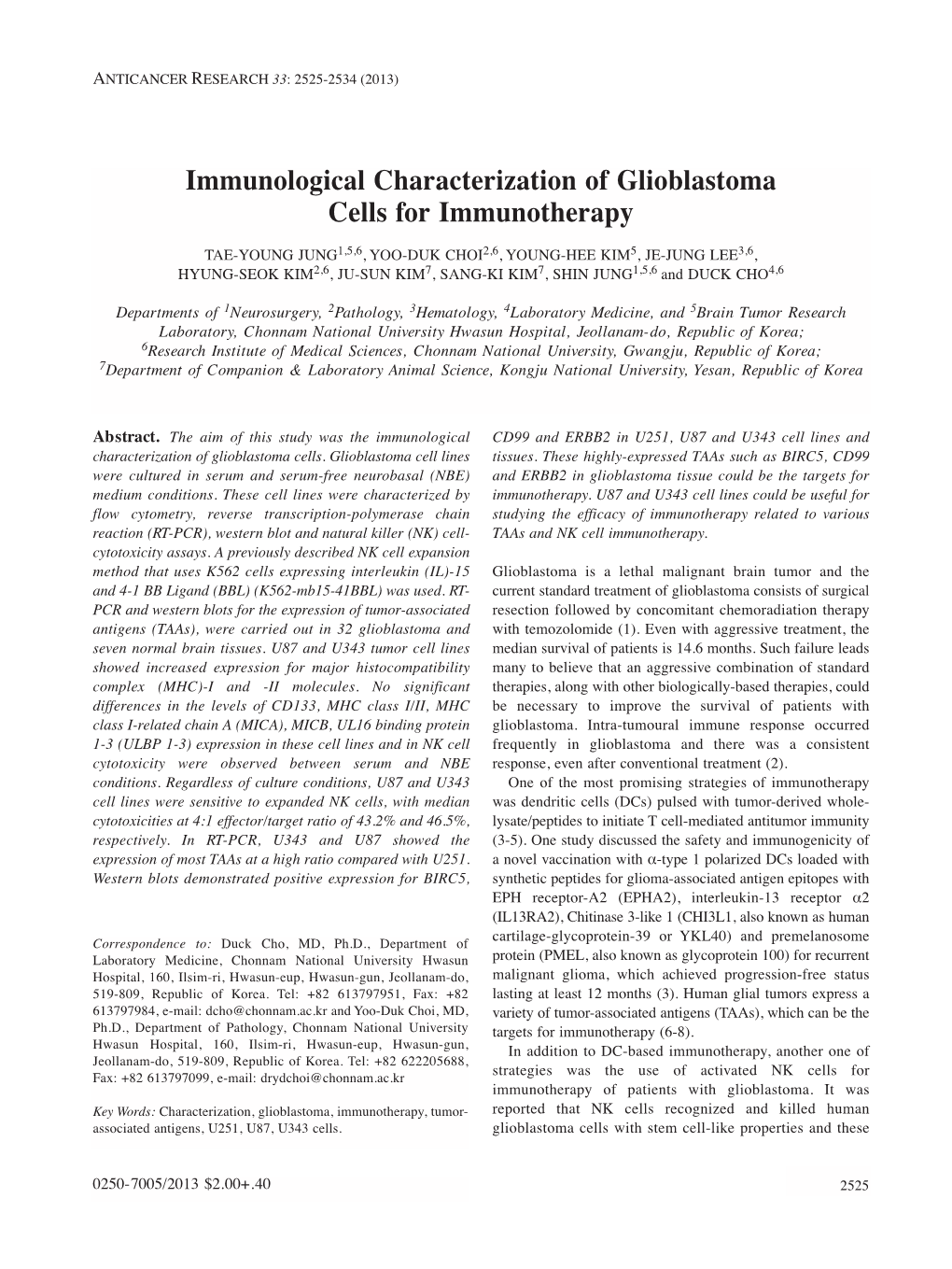 Immunological Characterization of Glioblastoma Cells for Immunotherapy