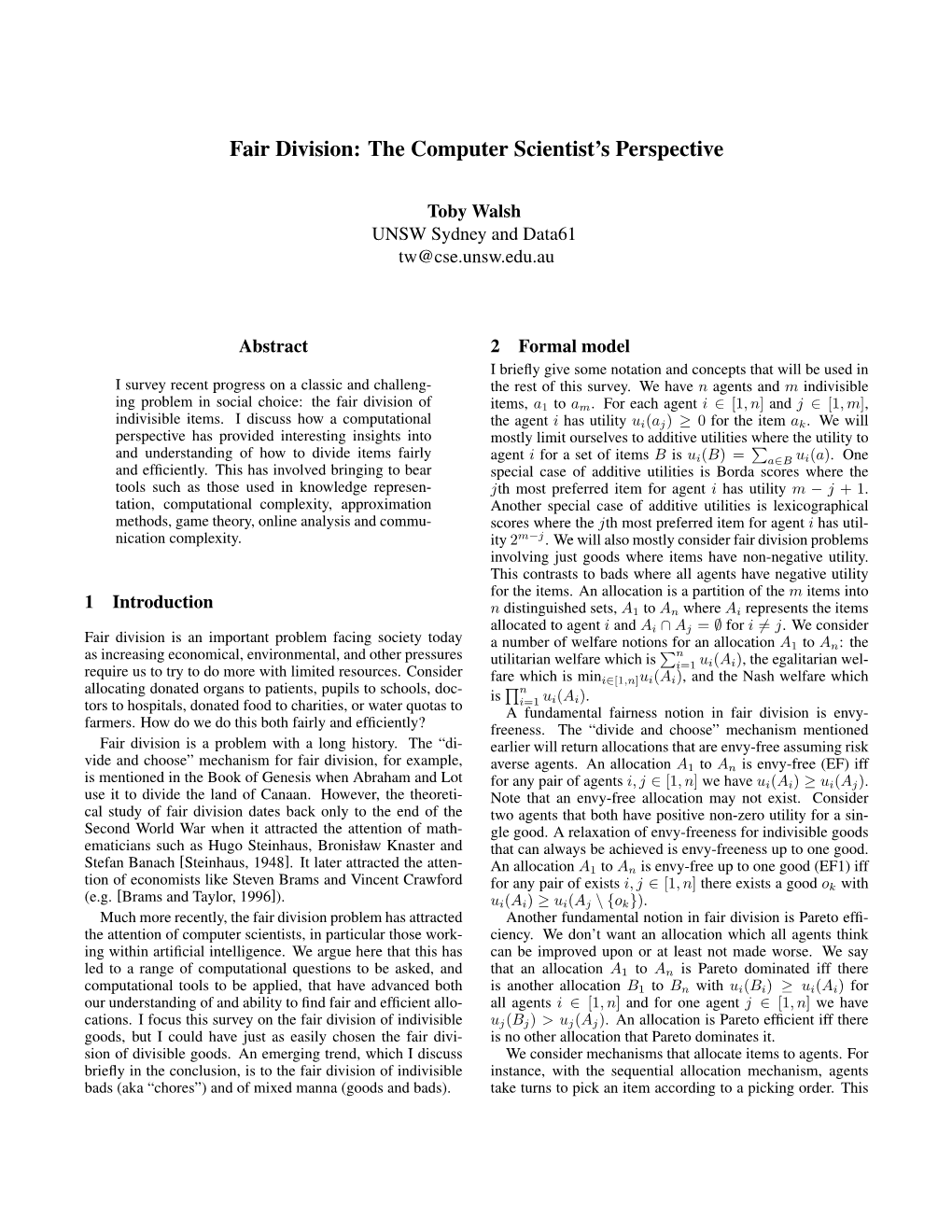 Fair Division: the Computer Scientist’S Perspective