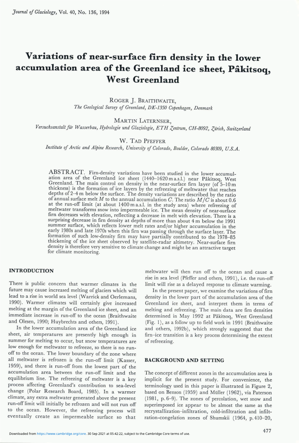 Variations of Near-Surface Firn Density in the Lower Acculil.Ulation Area of the Greenland Ice Sheet, Pakitsoq, West Greenland