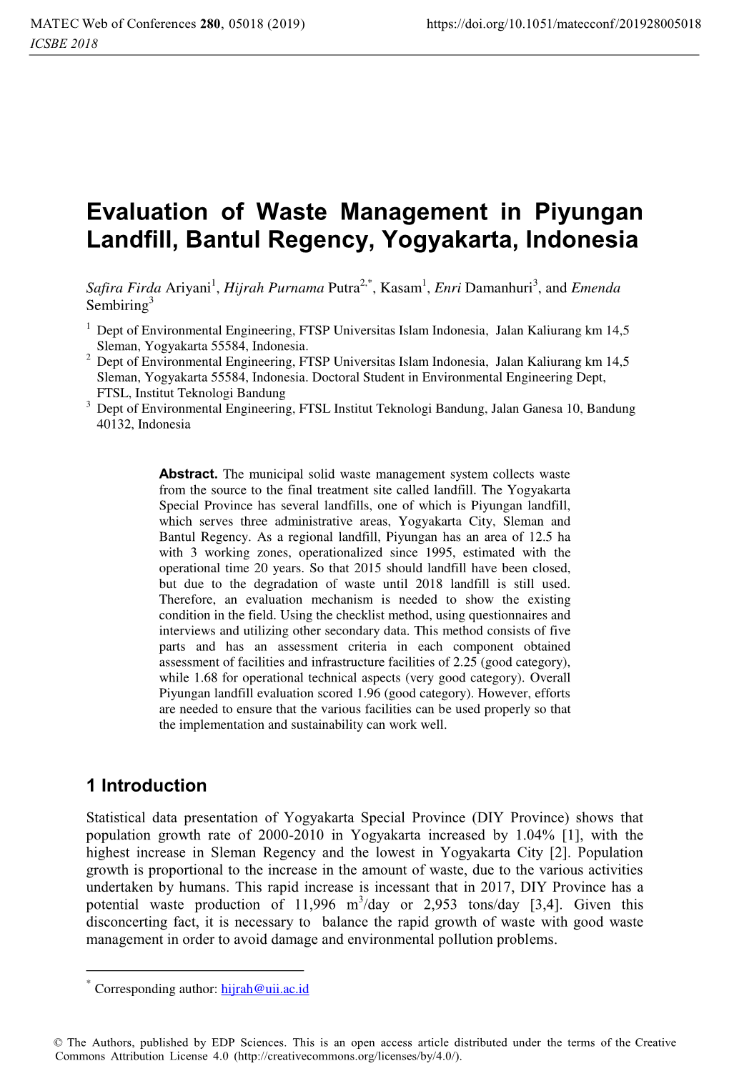 Evaluation of Waste Management in Piyungan Landfill, Bantul Regency, Yogyakarta, Indonesia