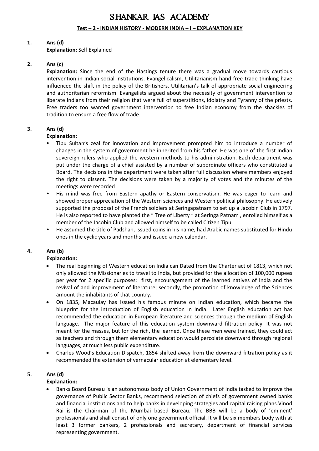 SHANKAR IAS ACADEMY Test – 2 - INDIAN HISTORY - MODERN INDIA – I – EXPLANATION KEY