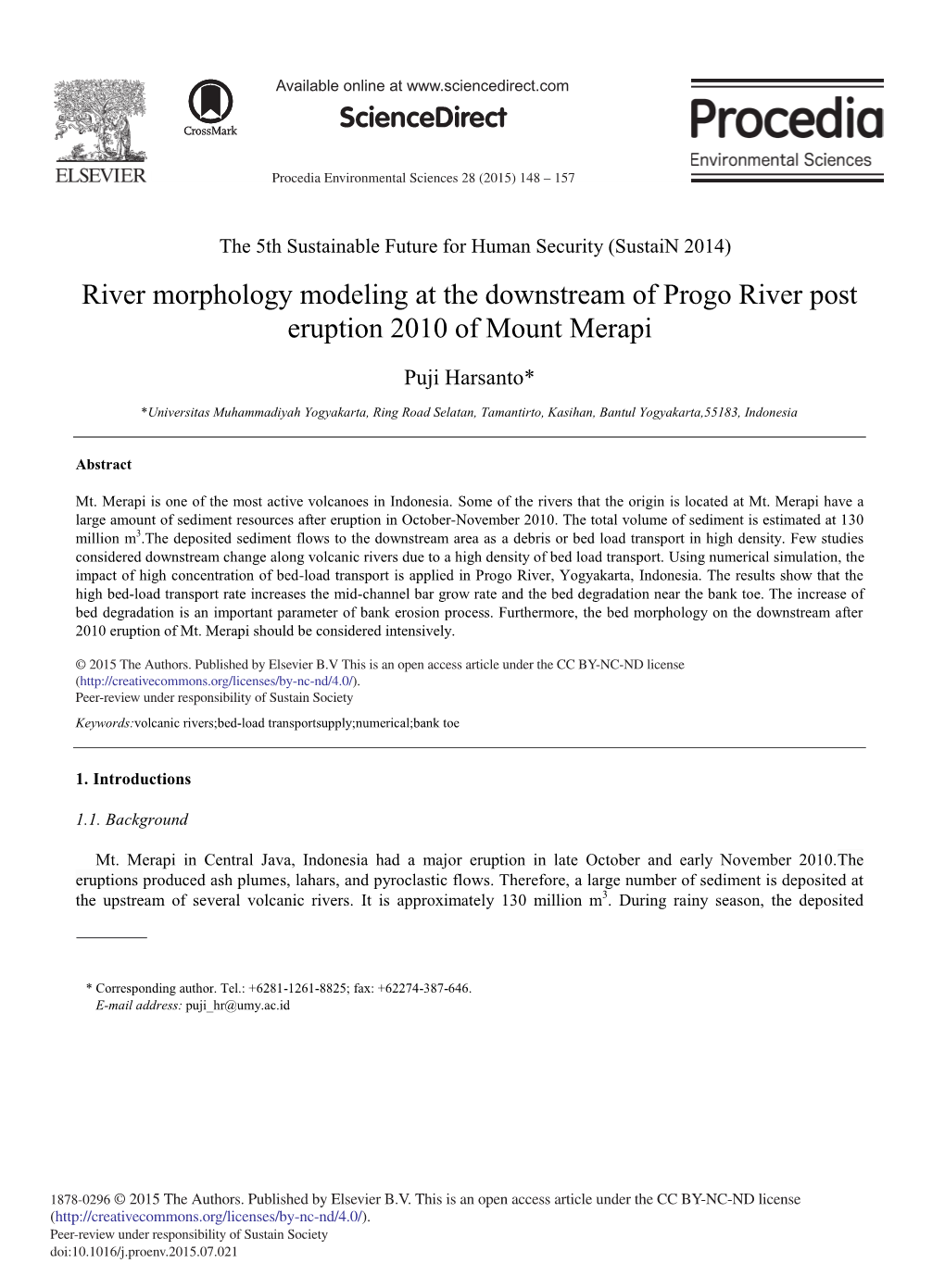 River Morphology Modeling at the Downstream of Progo River Post Eruption 2010 of Mount Merapi