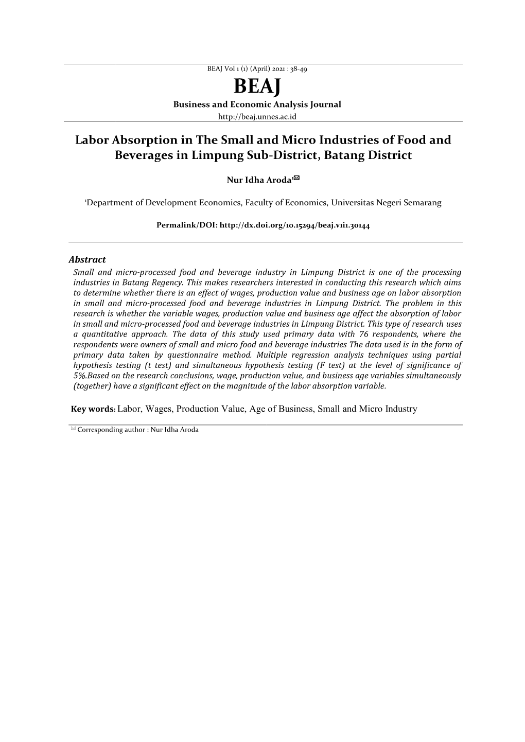 Labor Absorption in the Small and Micro Industries of Food and Beverages in Limpung Sub-District, Batang District