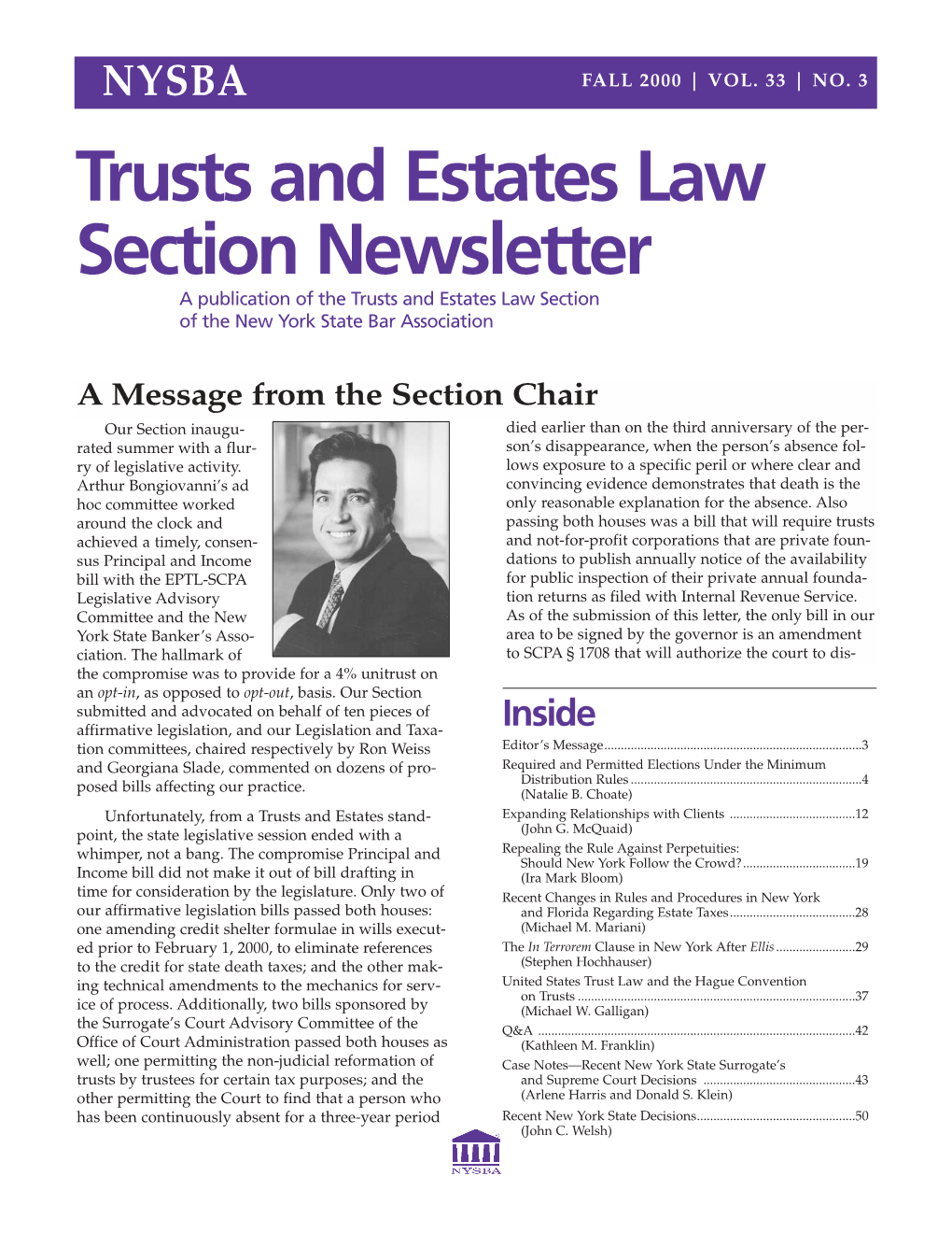 Trusts and Estates Law Section Newsletter a Publication of the Trusts and Estates Law Section of the New York State Bar Association