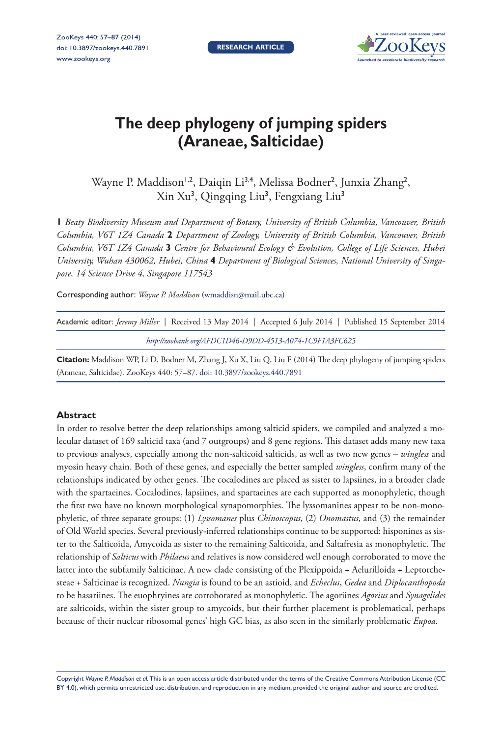 ﻿The Deep Phylogeny of Jumping Spiders (Araneae, Salticidae)