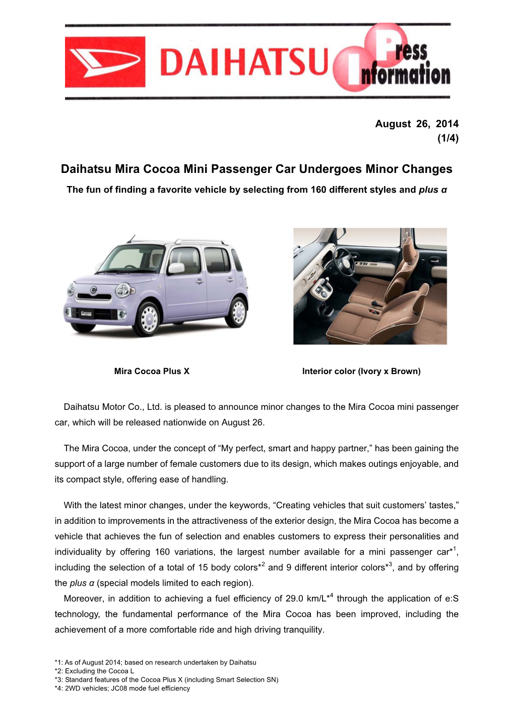 Daihatsu Mira Cocoa Mini Passenger Car Undergoes Minor Changes