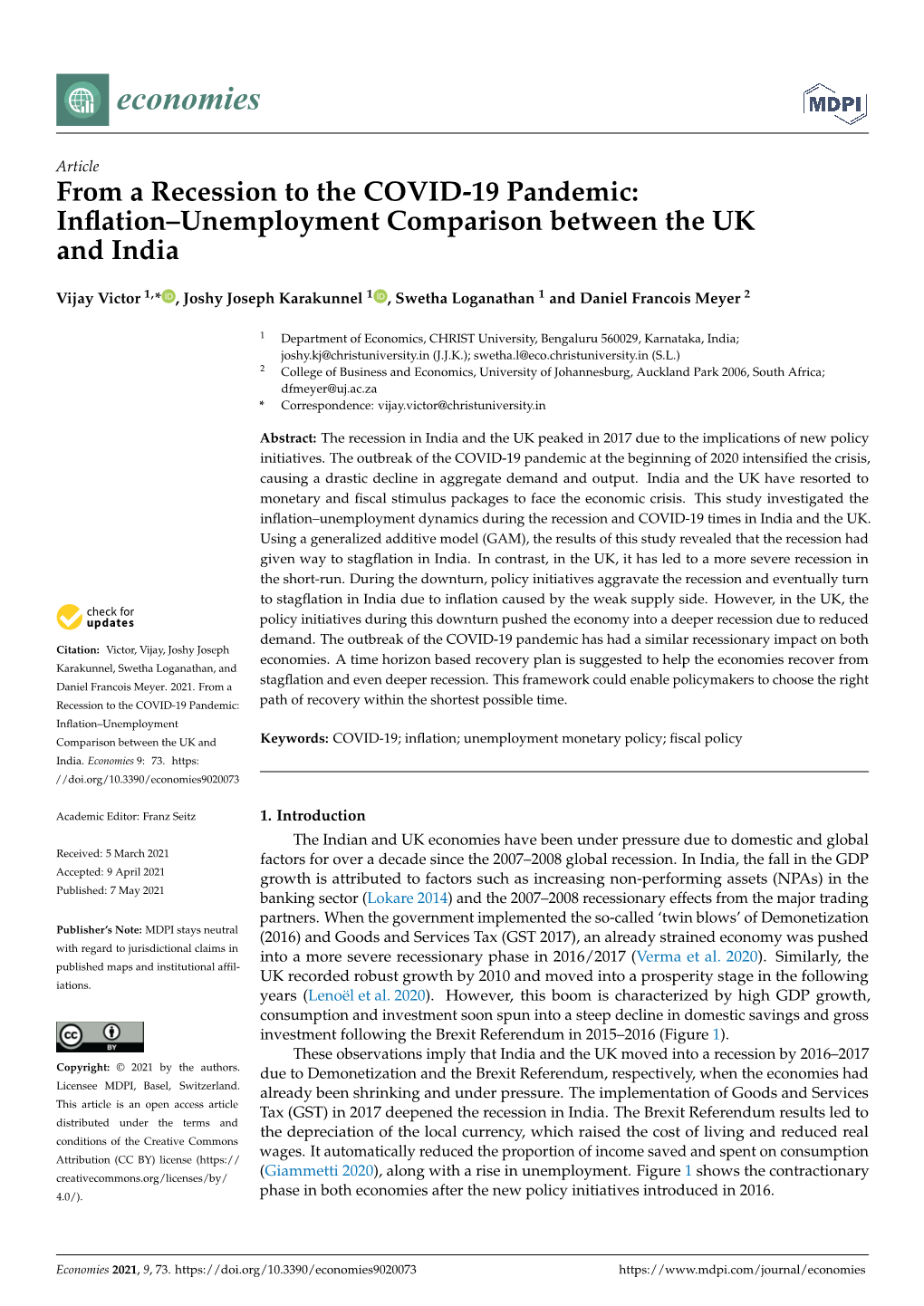 From a Recession to the COVID-19 Pandemic: Inflation–Unemployment