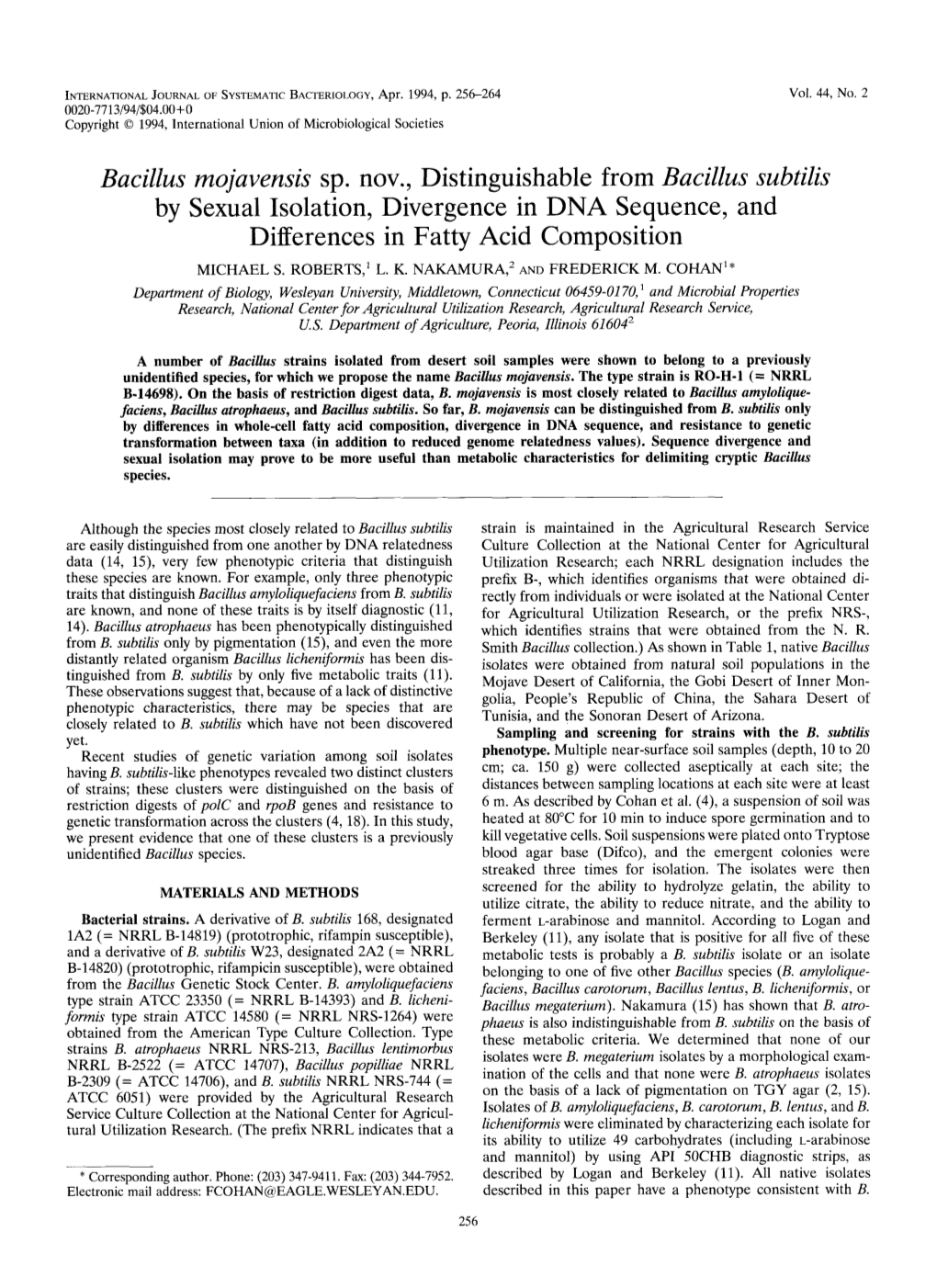 Bacillus Mojavensis Sp. Nov., Distinguishable from Bacillus Subtilis by Sexual Isolation, Divergence in DNA Sequence, and Differences in Fatty Acid Composition