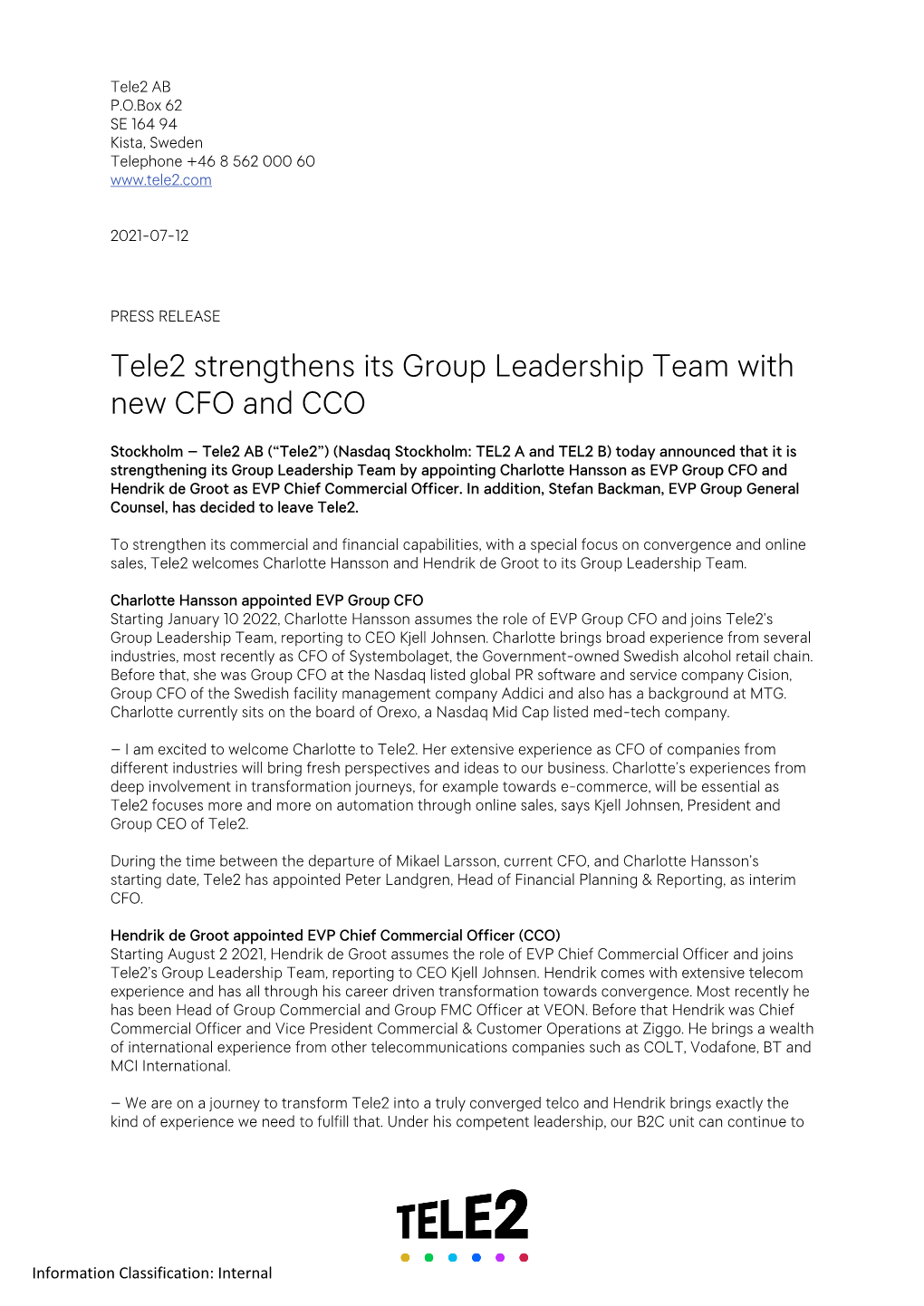 Tele2 Strengthens Its Group Leadership Team with New CFO and CCO