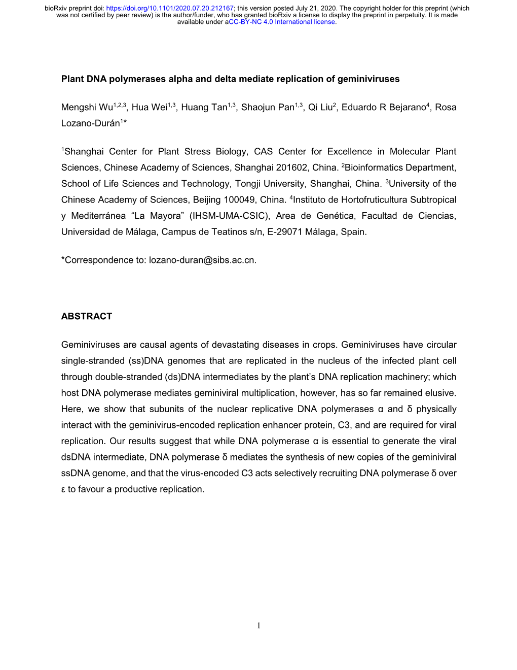 Plant DNA Polymerases Alpha and Delta Mediate Replication of Geminiviruses