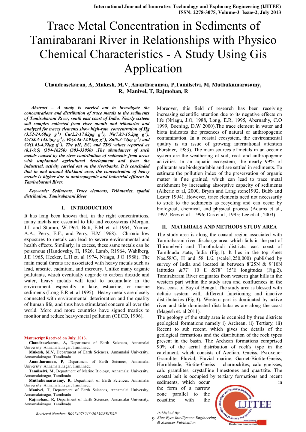 Trace Metal Concentration in Sediments of Tamirabarani River in Relationships with Physico Chemical Characteristics - a Study Using Gis Application