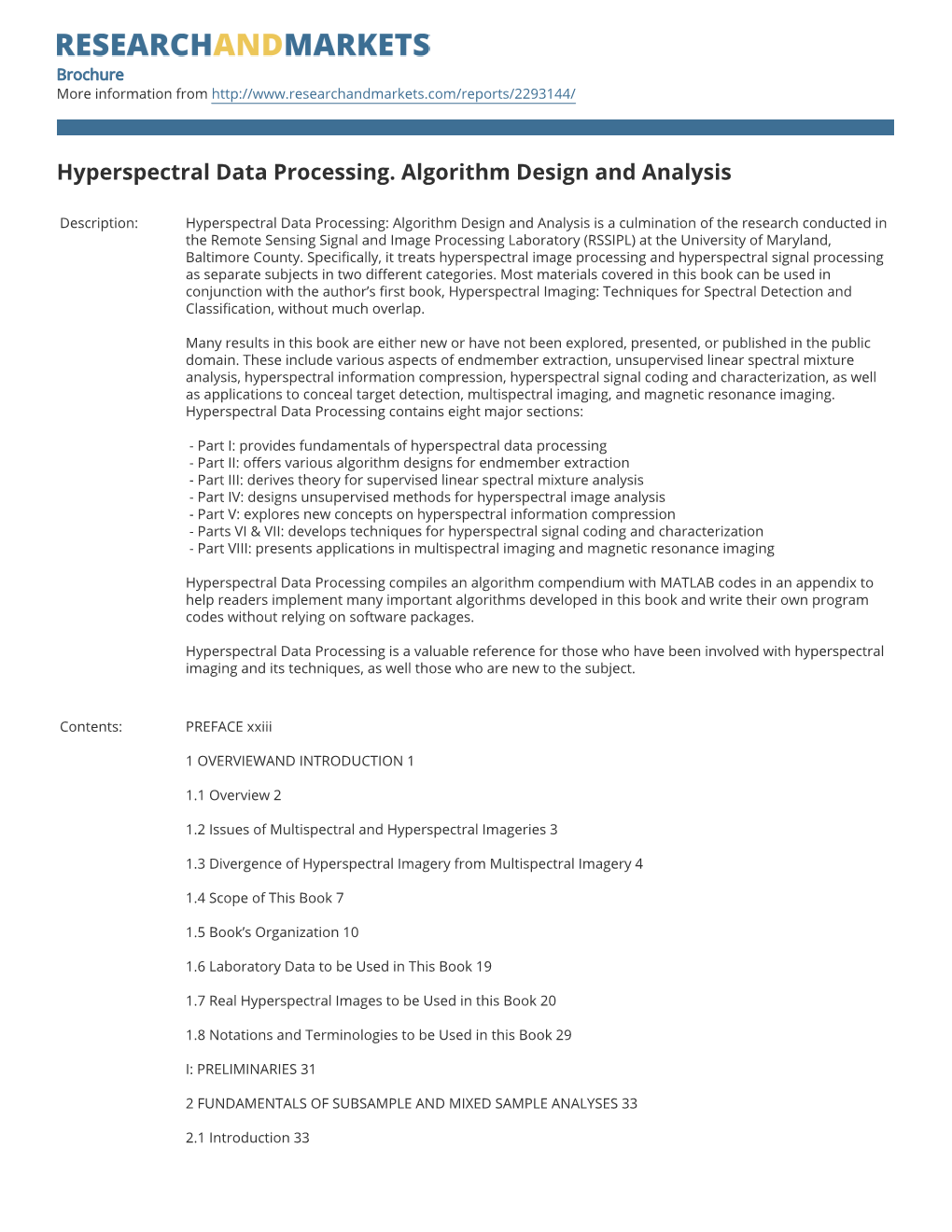 Hyperspectral Data Processing. Algorithm Design and Analysis