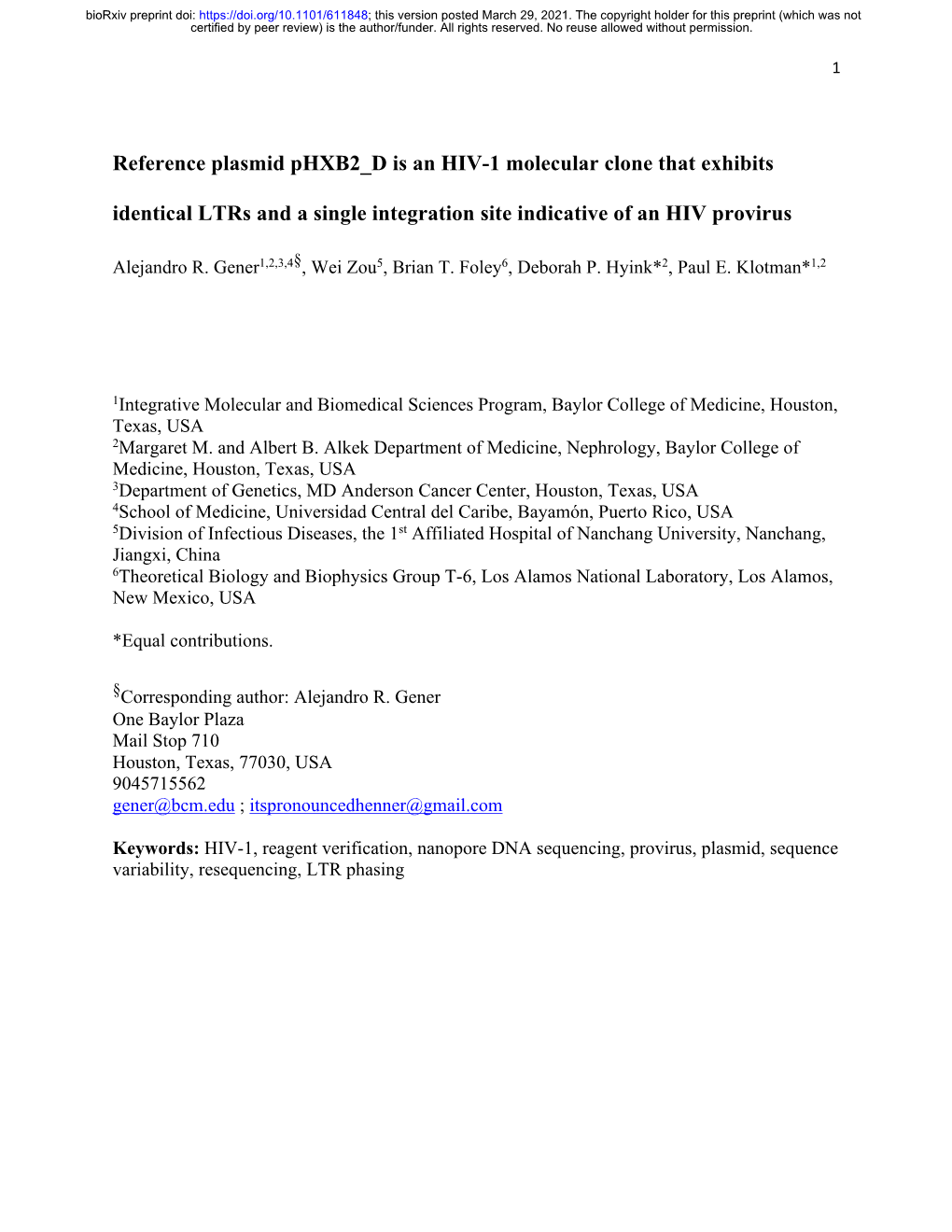 Reference Plasmid Phxb2 D Is an HIV-1 Molecular Clone That Exhibits