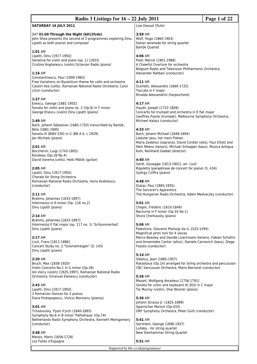 Radio 3 Listings for 16 – 22 July 2011 Page 1 of 22 SATURDAY 16 JULY 2011 Lise Daoust (Flute)