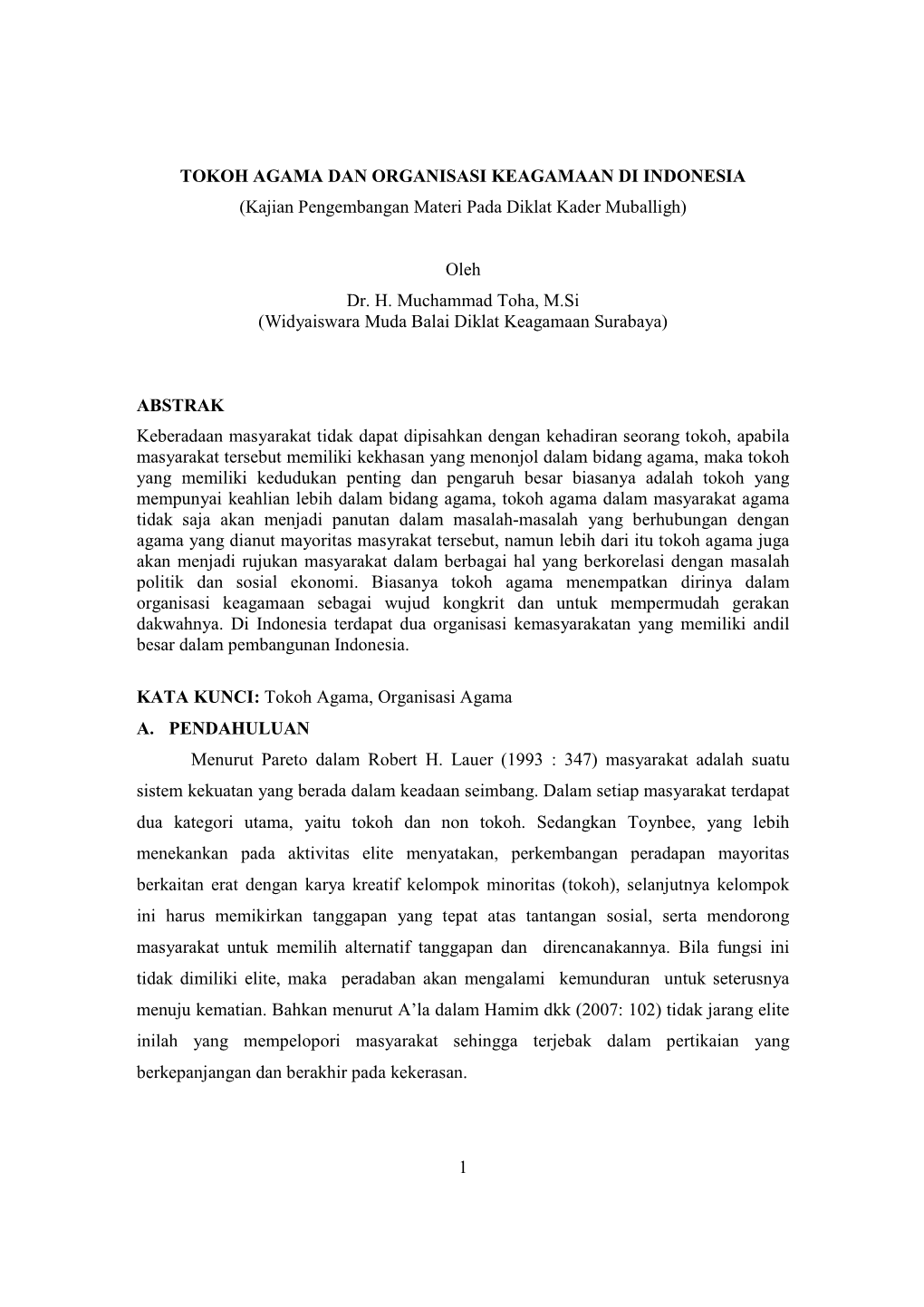 TOKOH AGAMA DAN ORGANISASI KEAGAMAAN DI INDONESIA (Kajian Pengembangan Materi Pada Diklat Kader Muballigh)